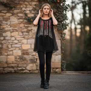 Vintage Y2K Mesh Beaded Top Sz L Fairy Grunge Festival Whimsigoth Blouse Sheer